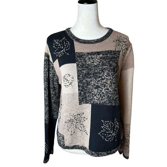 Vintage Y2K Christopher & Banks Sweater M | Patchwork Leaf Embroidered Fall Knit - Picture 1 of 7